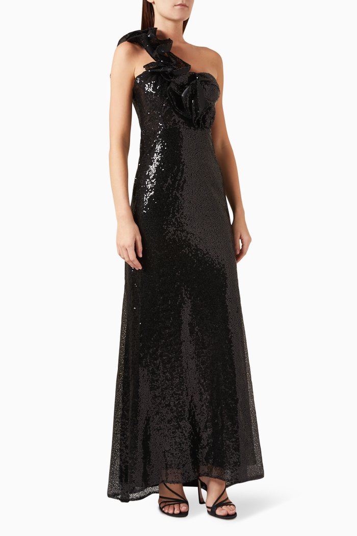 

Ruffled One-shoulder Sequin-embellished Gown, Black