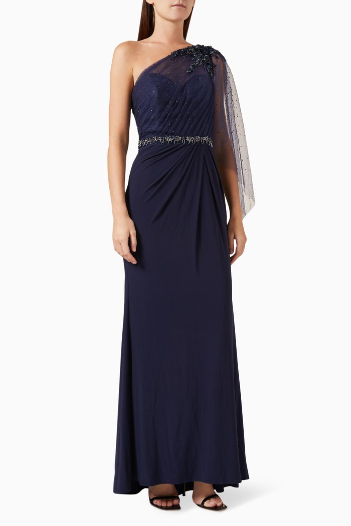 

Embellished One-shoulder Draped Gown, Blue