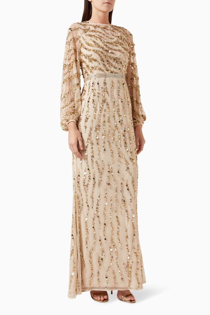 

Sequin-embellished Trumpet Gown in Mesh, Gold