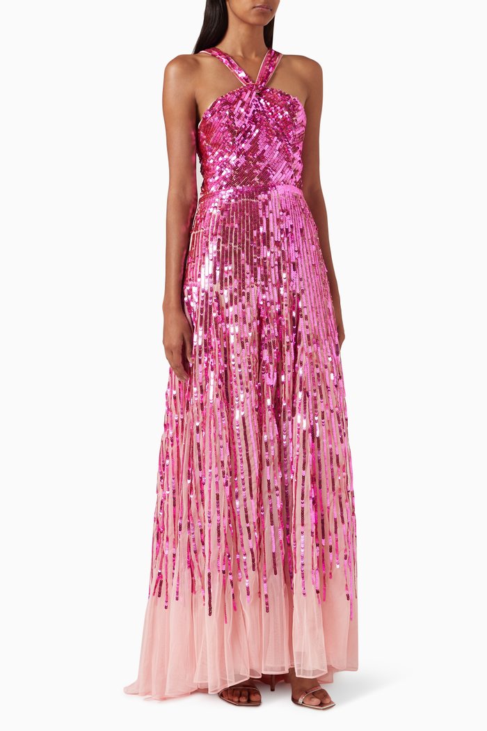 

Sequined Halterneck Maxi Dress in Mesh, Pink