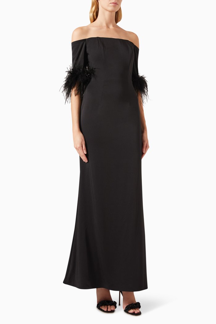 

Feather-trim Off-shoulder Column Gown in Taffeta, Black