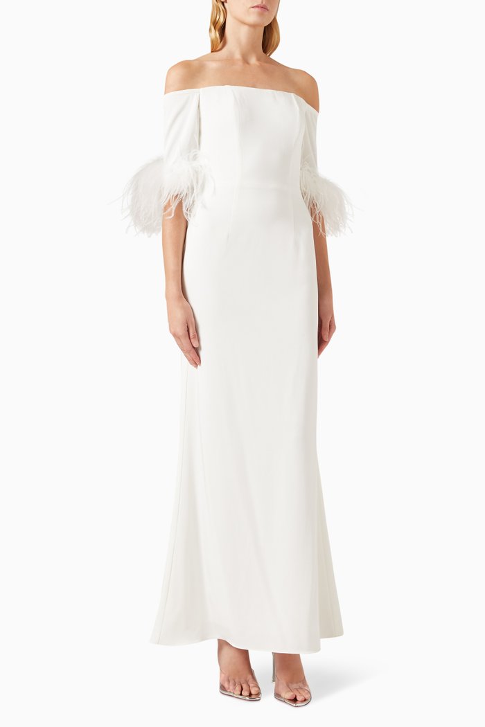 

Feather-trim Off-shoulder Column Gown in Taffeta, White