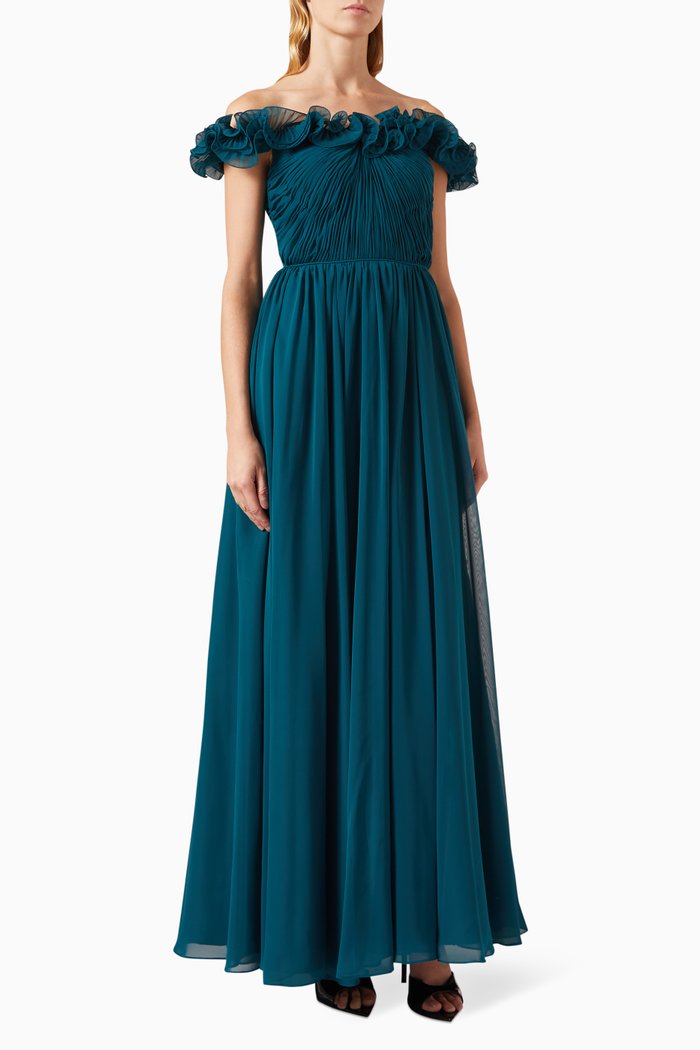 

Ruched Off-shoulder Gown in Tulle, Green