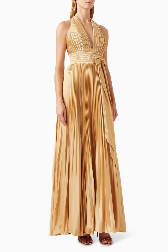 

Pleated Halterneck Gown in Charmeuse, Gold