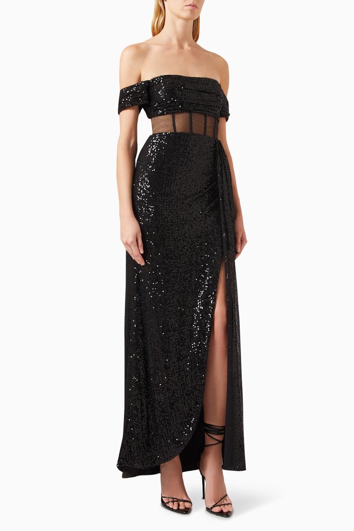 

Sheer Corset Waist Gown in Sequins, Black