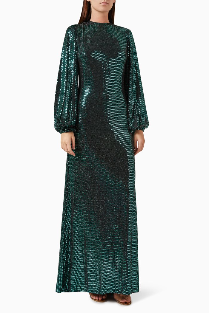 

Sequined Bishop Sleeve Gown, Green