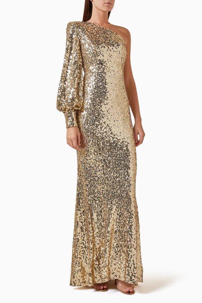 

Sequined One-shoulder Bishop Sleeve Gown, Gold