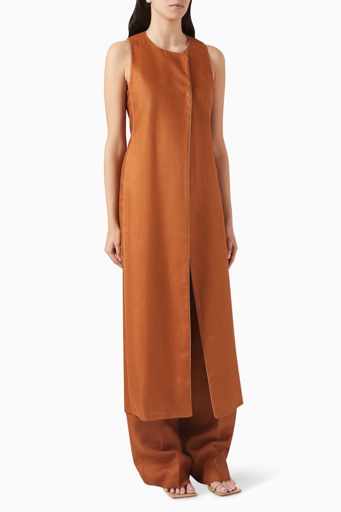 

Aureo Long Waistcoat in Linen Twill, Brown