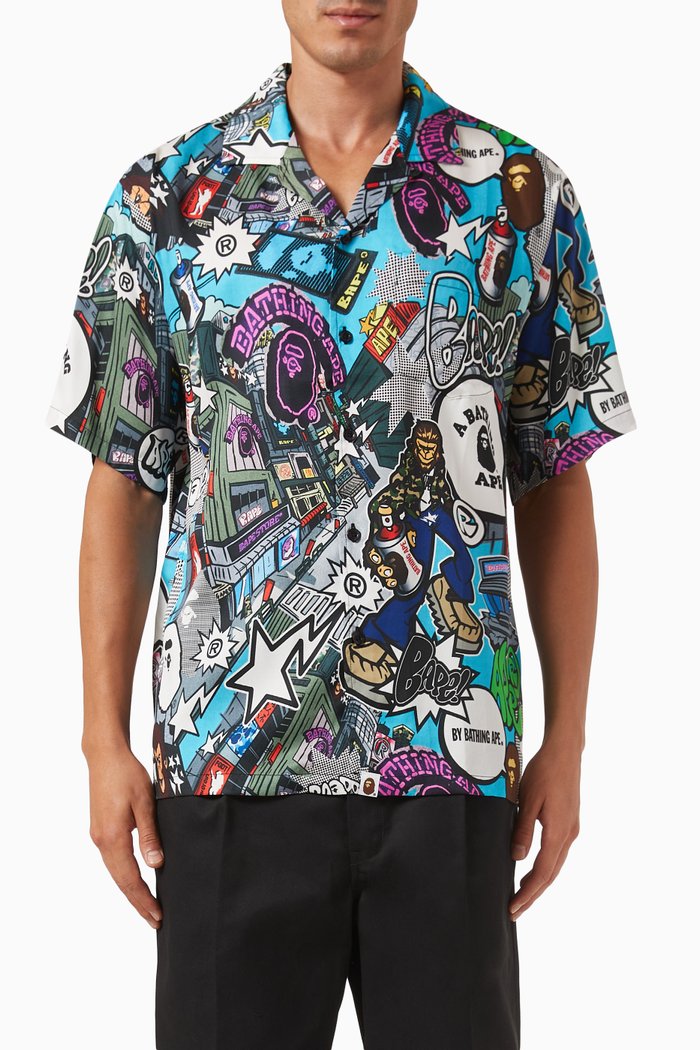 

Comic Art Open Collar Shirt in Cotton, Multicolour