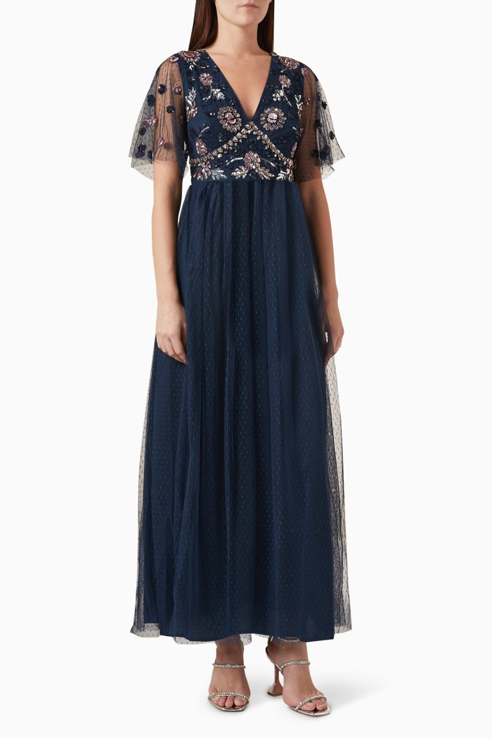 

Floral-embellished Maxi Dress in Mesh Tulle, Blue