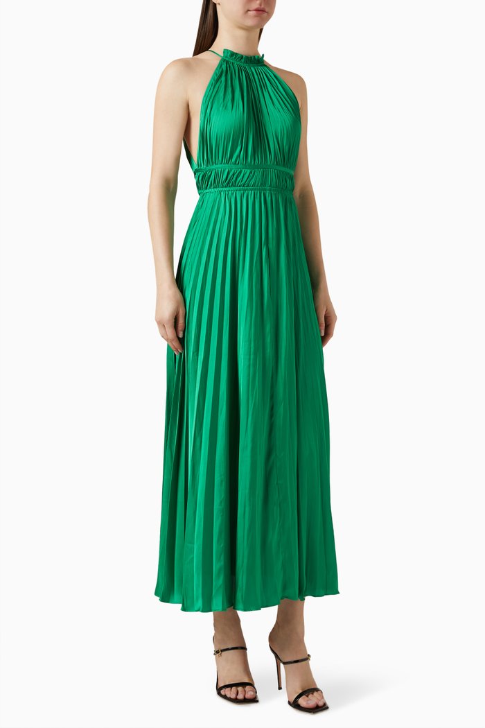 

Revilly Pleated Midi Dress in Satin, Green