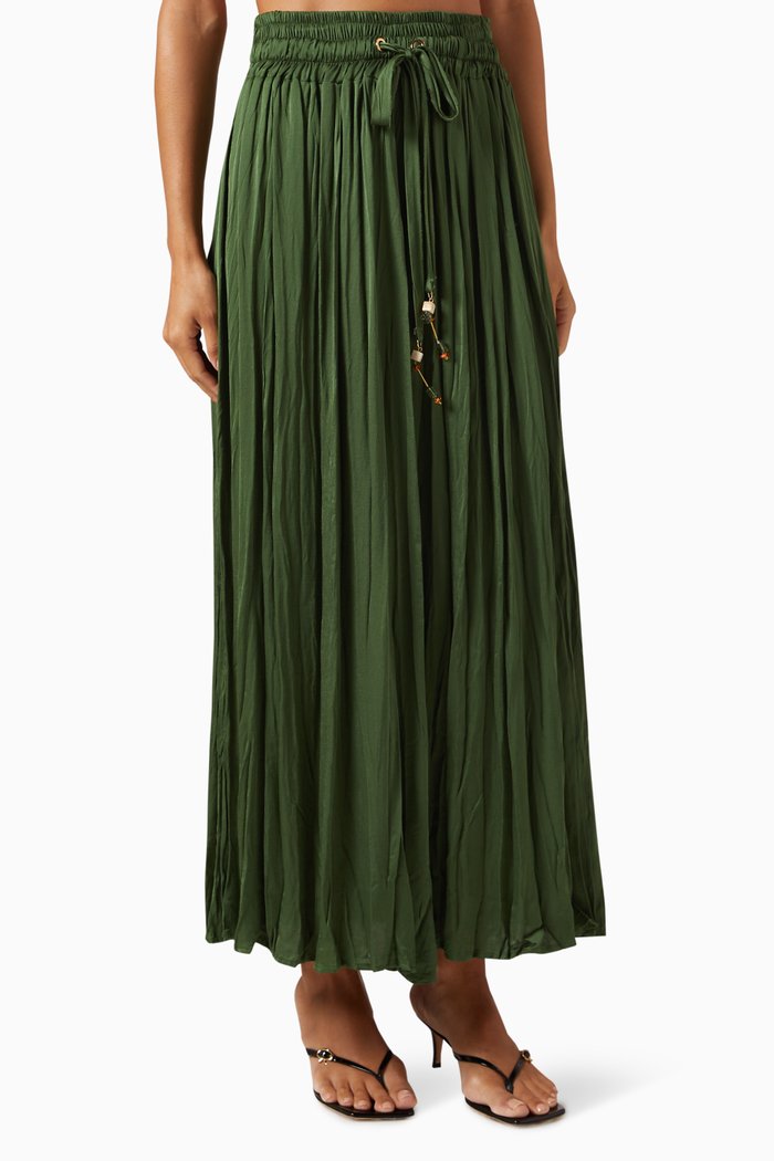 

Pleated Drawstring Midi Skirt, Green