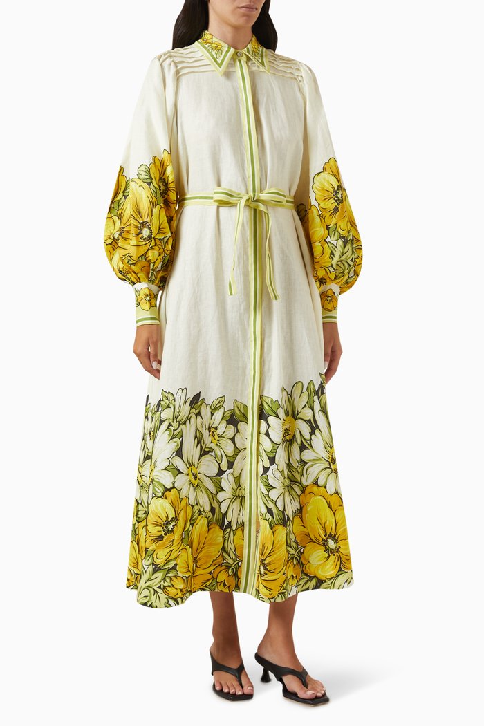 Gisela Printed Shirt Dress in Linen, Yellow