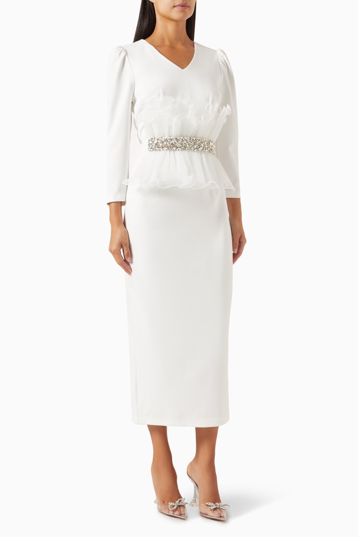 

Ruffle Belted Midi Dress, White