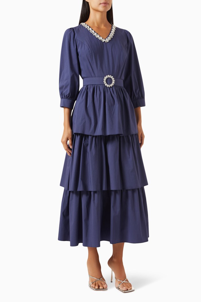 

Embellished Belted Midi Dress in Cotton, Blue