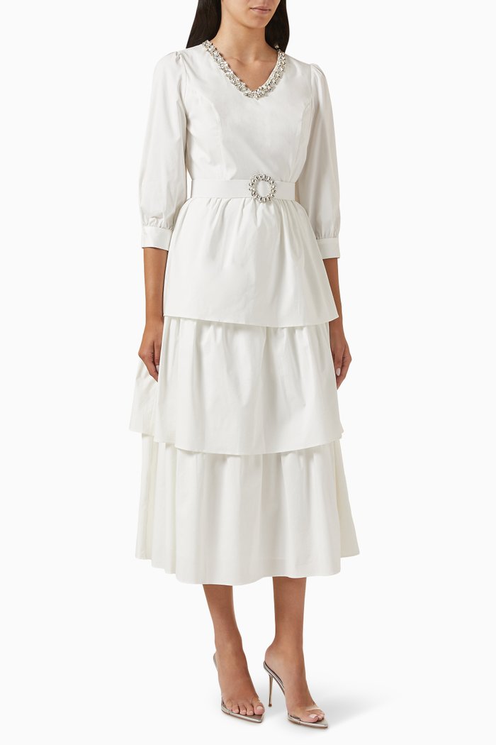 

Embellished Belted Midi Dress in Cotton, Neutral