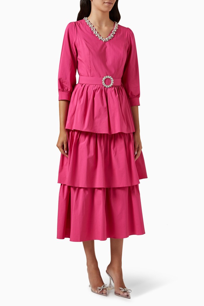 

Embellished Belted Midi Dress in Cotton, Pink