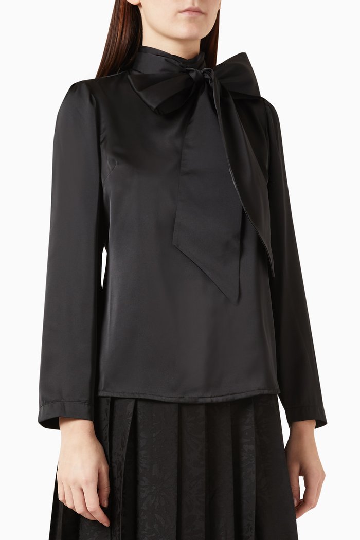 

Bow High-neck Blouse in Satin, Black