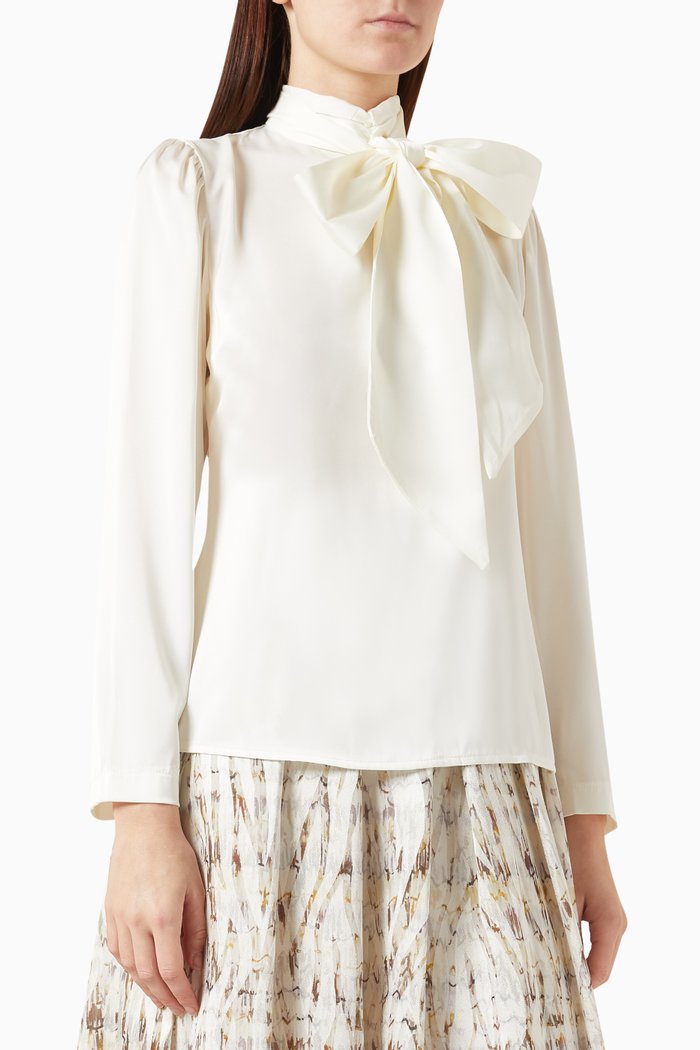 

Bow High-neck Blouse in Satin, White