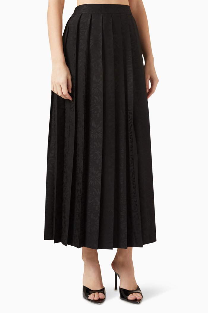 

Pleated Midi Skirt in Floral Jacquard, Black