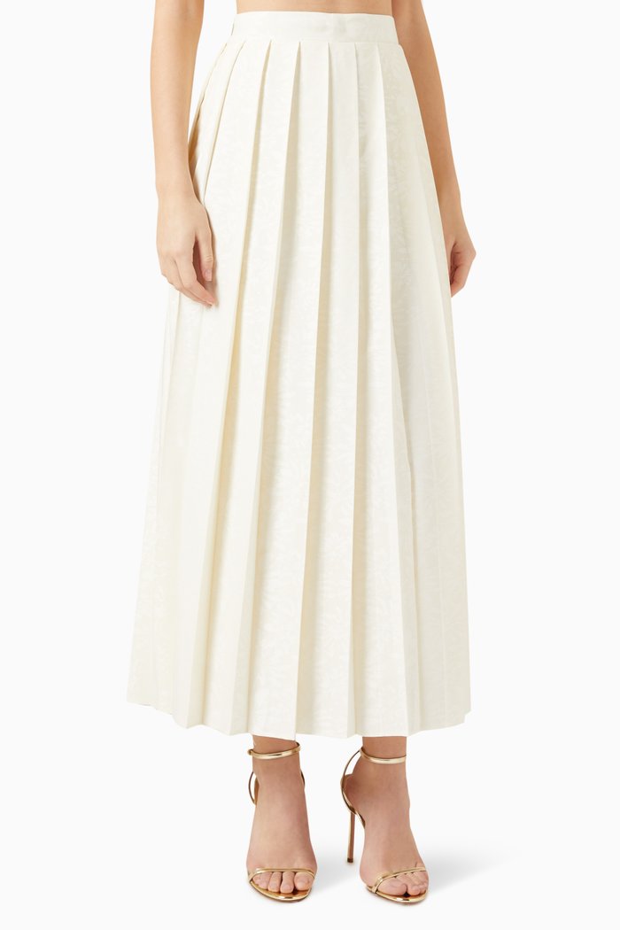 

Pleated Midi Skirt in Floral Jacquard, White