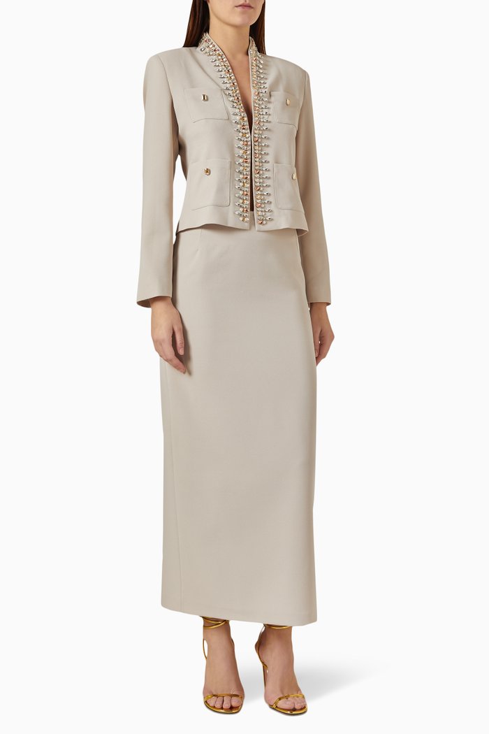 

Embellished Jacket & Skirt Set, Neutral