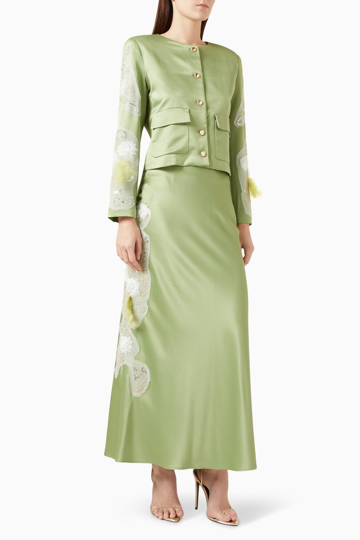 

Floral Appliqué Jacket & Skirt Set in Satin, Green