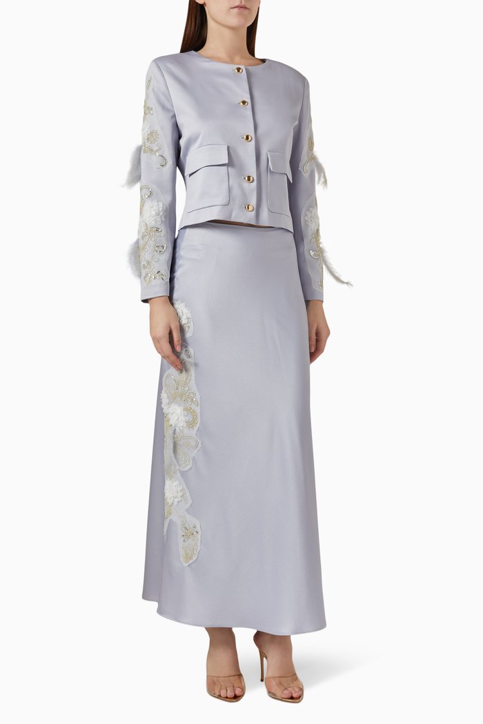 

Floral Appliqué Jacket & Skirt Set in Satin, Grey