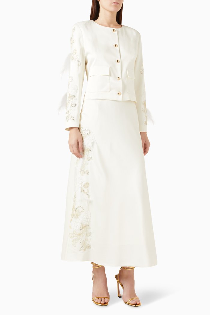 

Floral Appliqué Jacket & Skirt Set in Satin, White