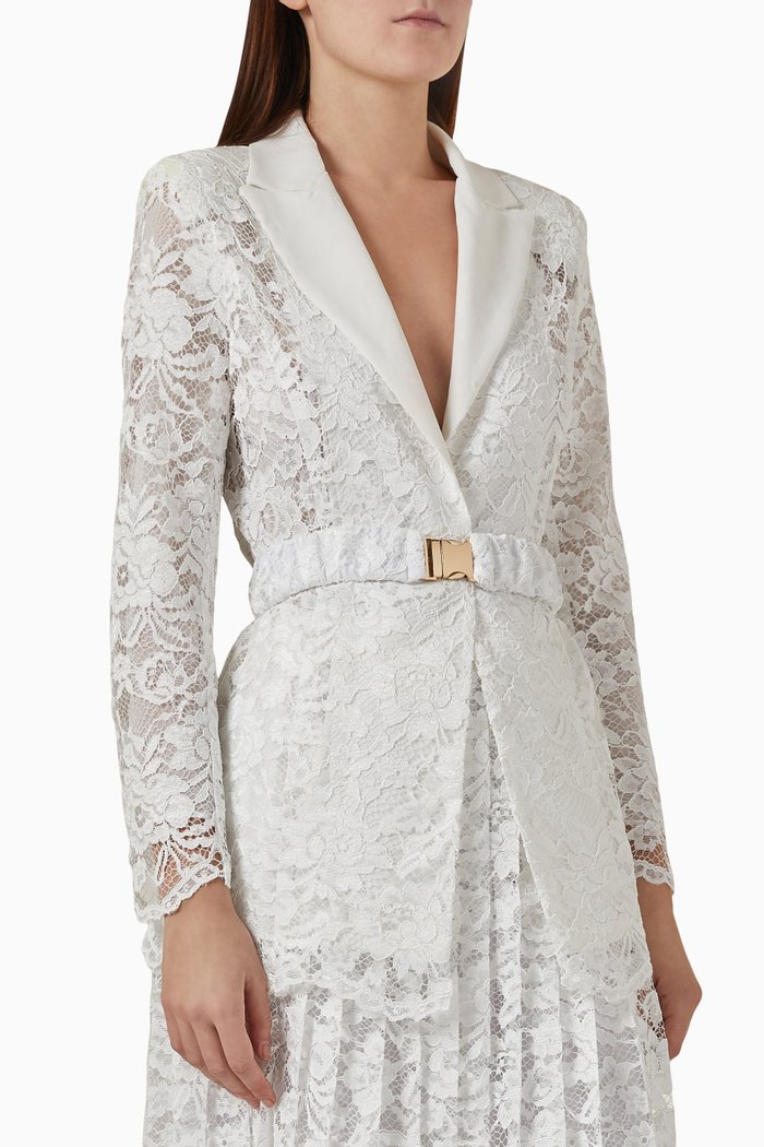 

Belted Blazer in Floral Lace, White