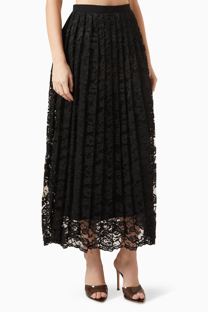 

Pleated Midi Skirt in Floral Lace, Black
