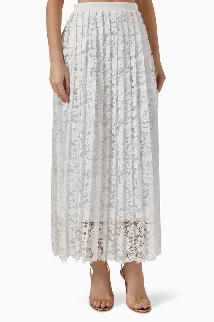 

Pleated Midi Skirt in Floral Lace, White