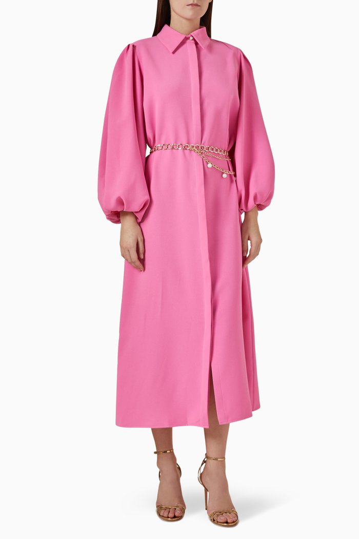 

Chain Belt Midi Shirtdress in Jacquard, Pink