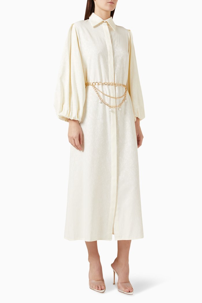 

Chain Belt Midi Shirtdress in Jacquard, White