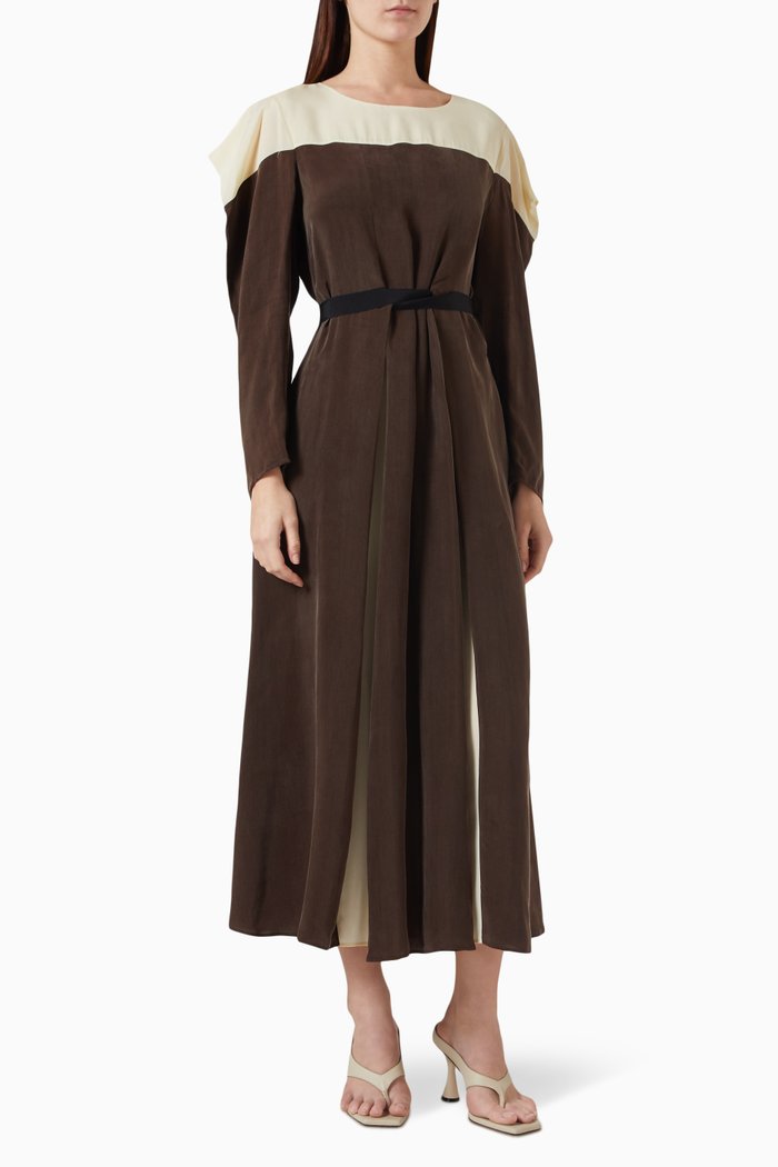 

Two-tone Belted Dress in Cupro, Brown