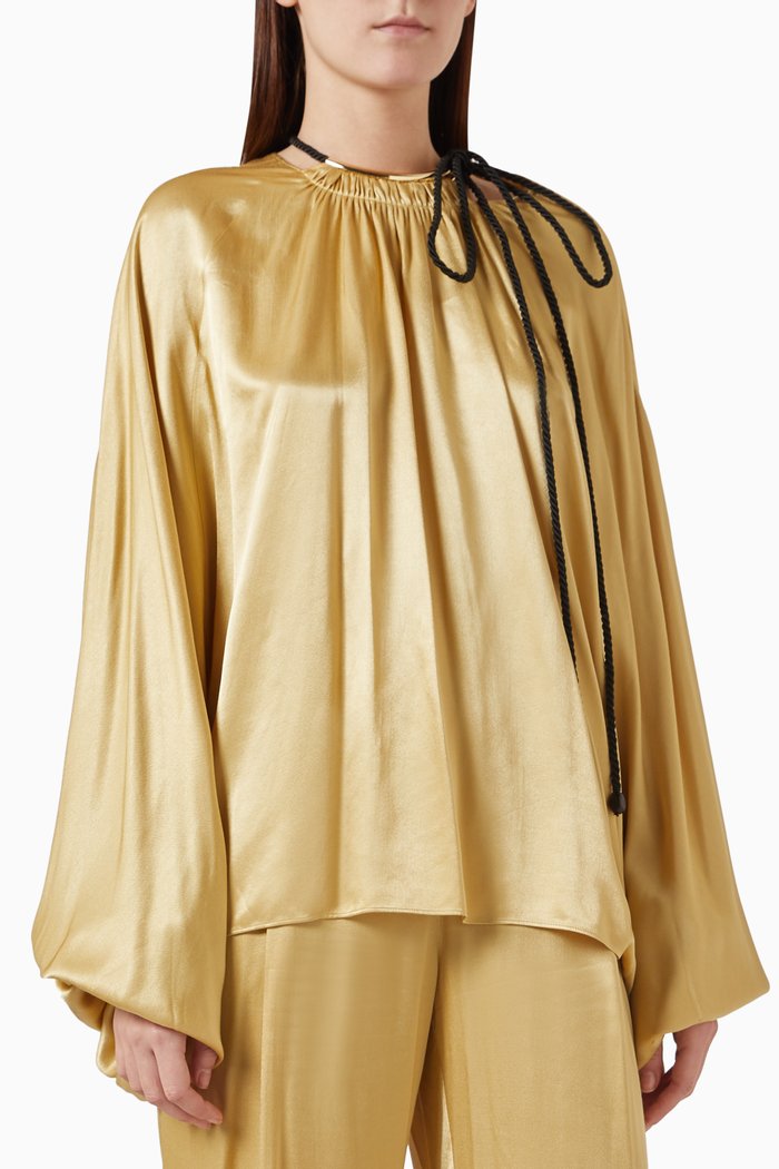 Embellished-neck Blouse in Satin, Yellow