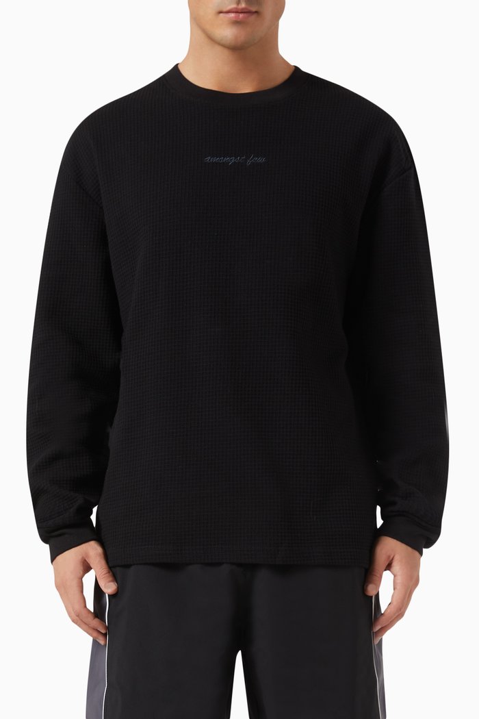 

Waffle Long-sleeve T-shirt in Cotton, Black