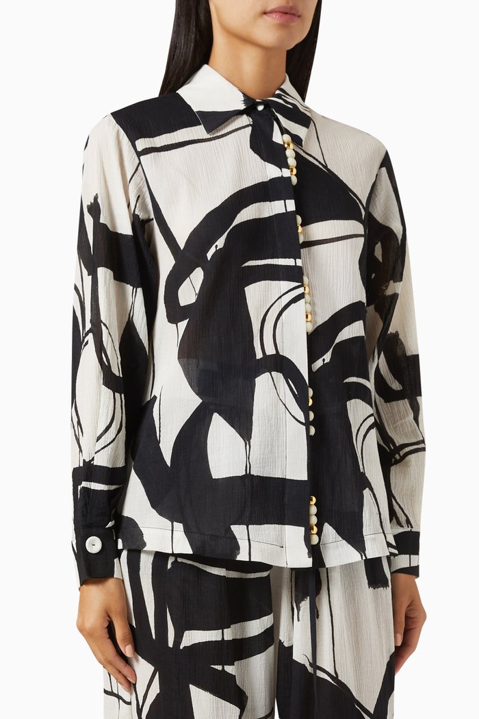 

Printed Long-sleeve Shirt in Cotton, Black