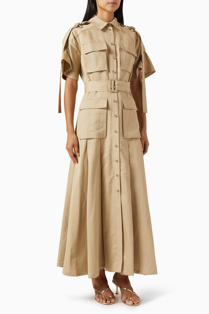Belted Button-down Midi Dress, Neutral