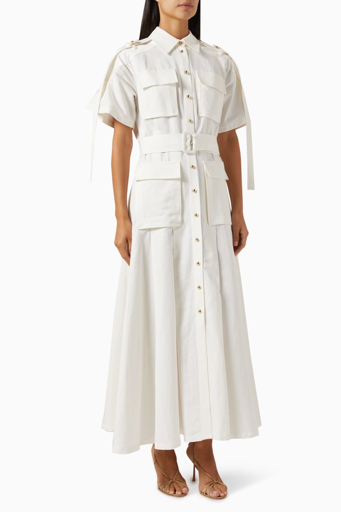 

Belted Button-down Midi Dress, White