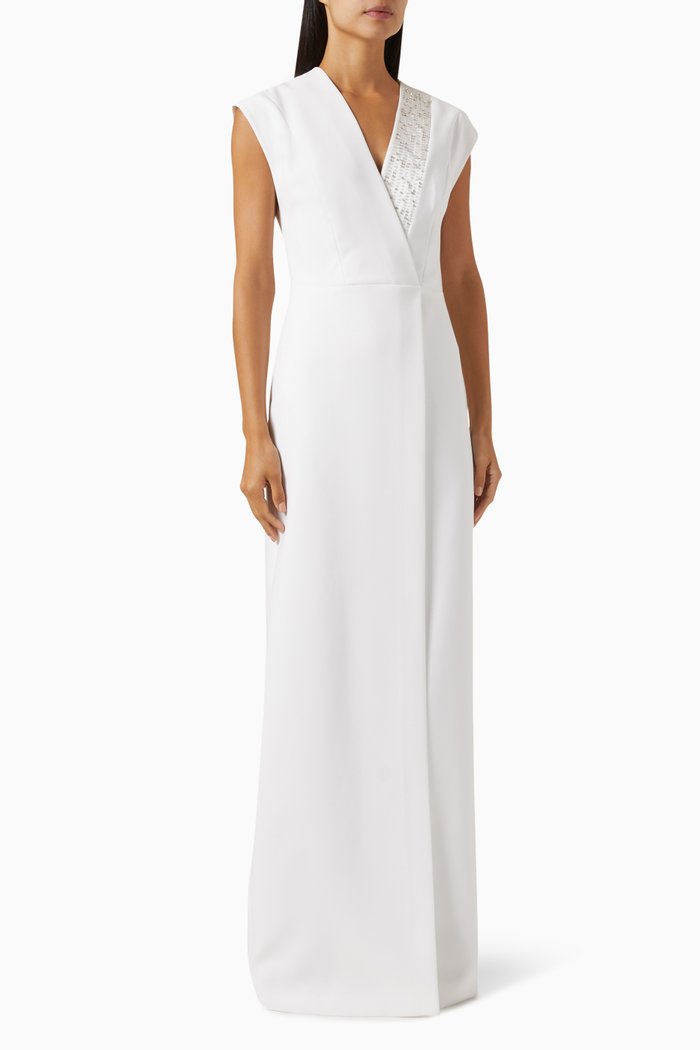 Embellished V-neck Dress, White
