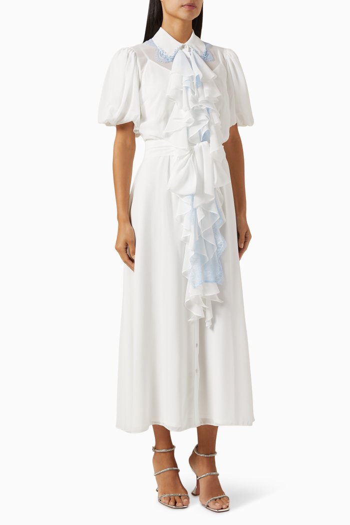 

Belted Ruffle Midi Dress, White