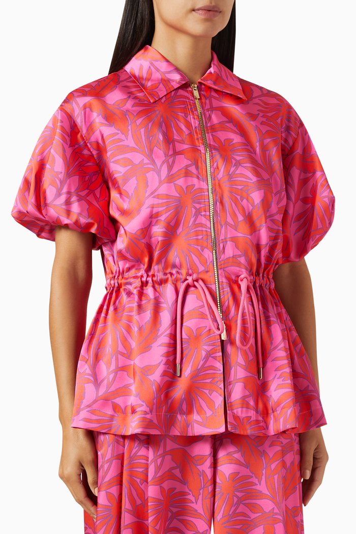 

Printed Drawstring Top in Satin, Pink