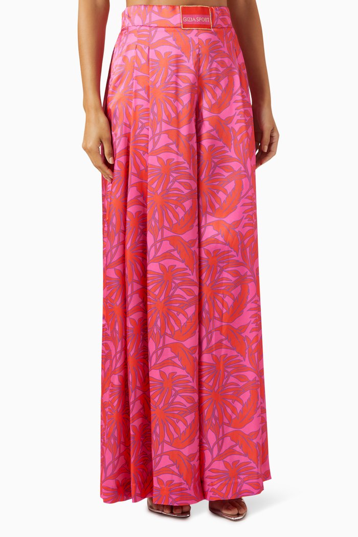 

Printed Wide-leg Pants in Satin, Pink