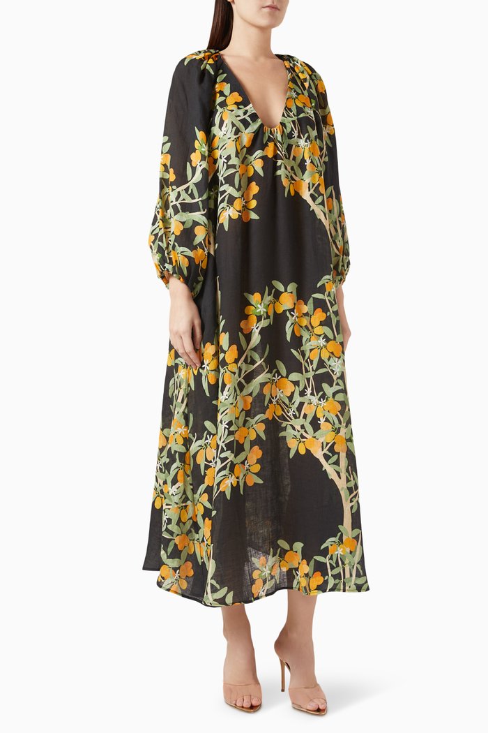 

Floral-print Maxi Dress in Linen, Black