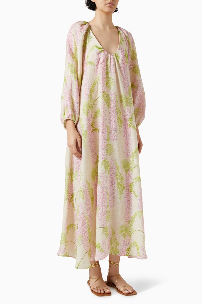 Floral-print Maxi Dress in Linen, Pink
