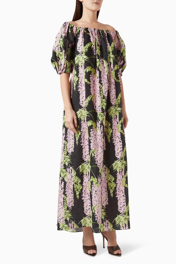 Zaza Floral-print Maxi Dress in Linen, Black