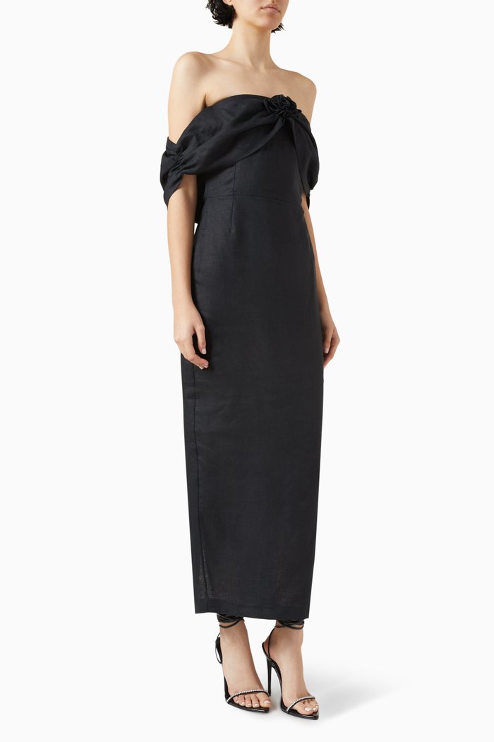 

Serena Off-shoulder Dress in Linen, Black