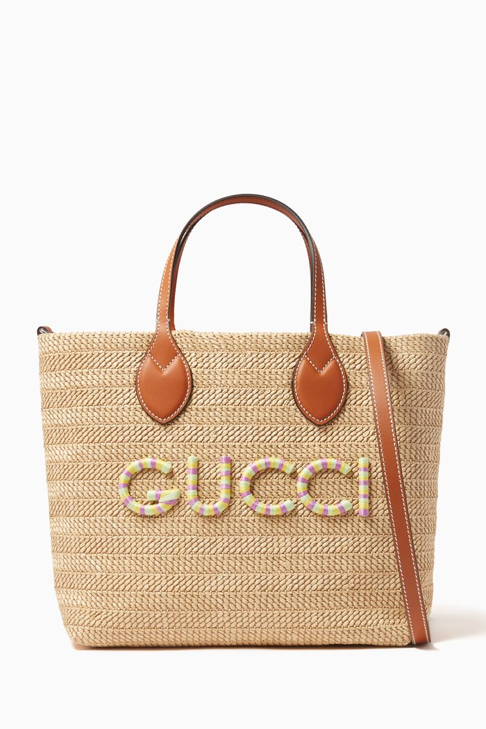 

Small Logo Tote Bag in Raffia, Neutral