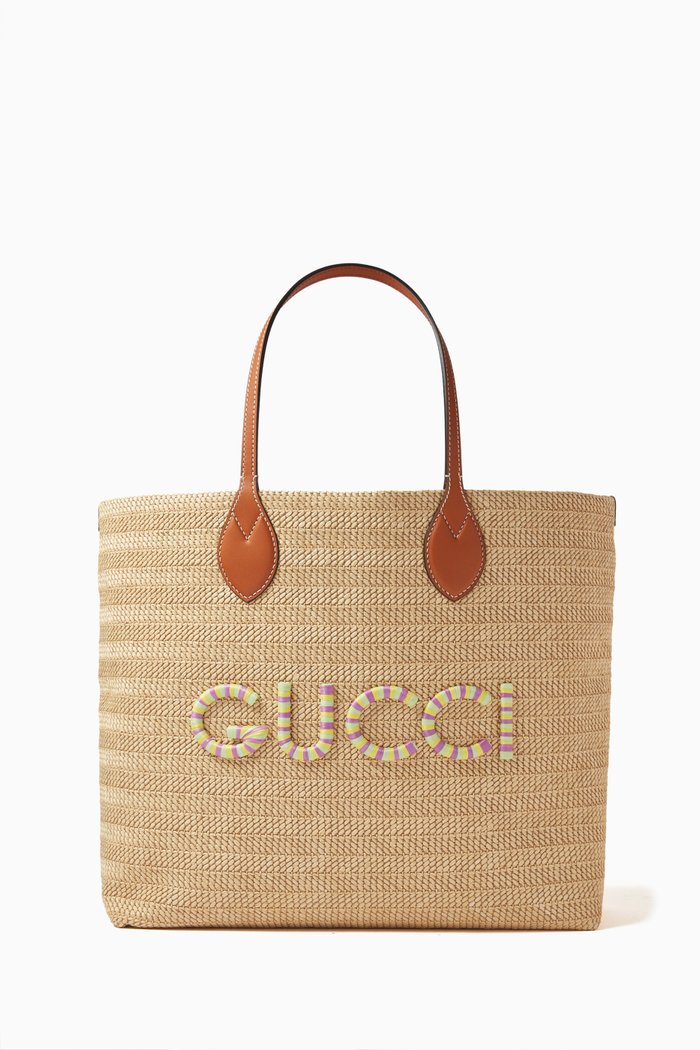 

Medium Gucci Patch Tote Bag in Raffia, Neutral